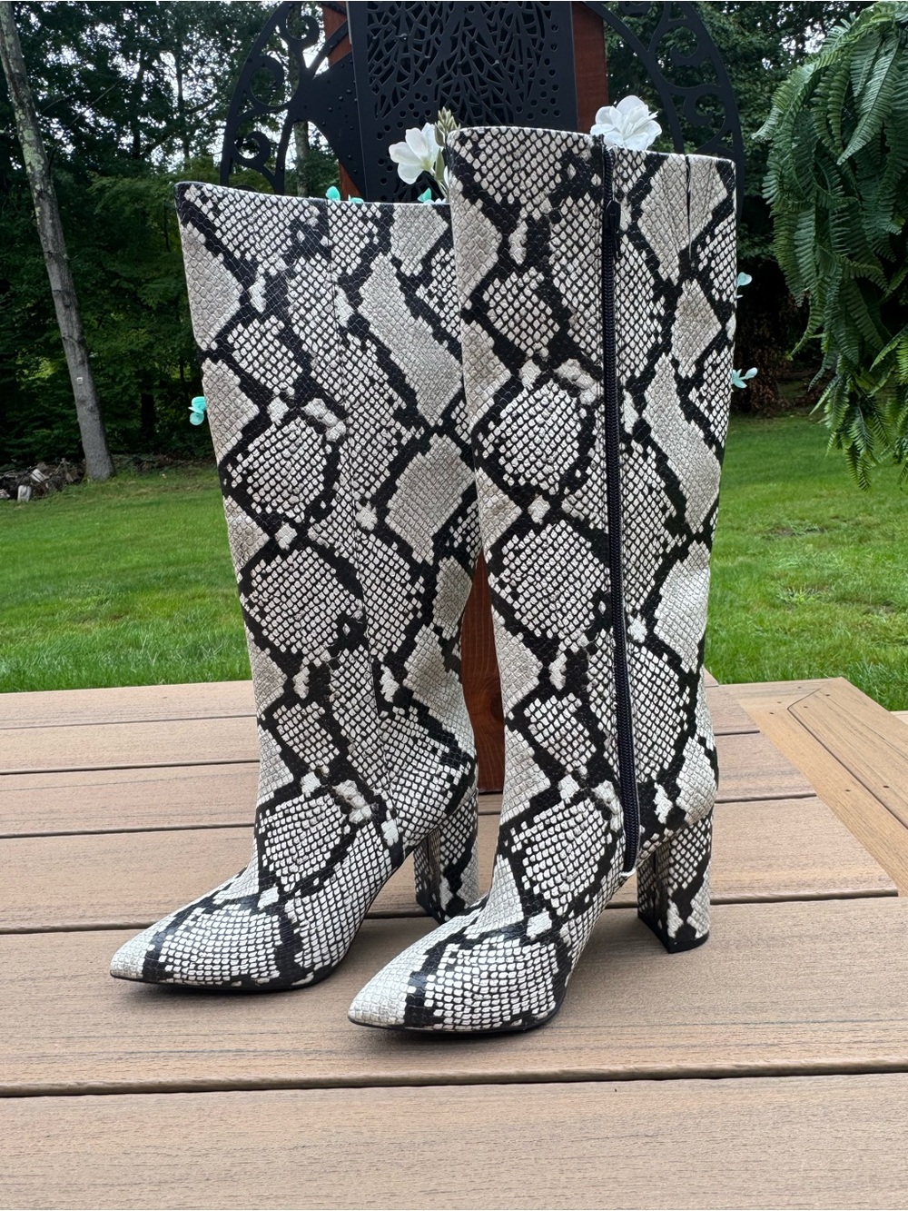 I.N.C. Paiton Snake Print Knee High Boots – Black/Cream – NEW – MSRP $180